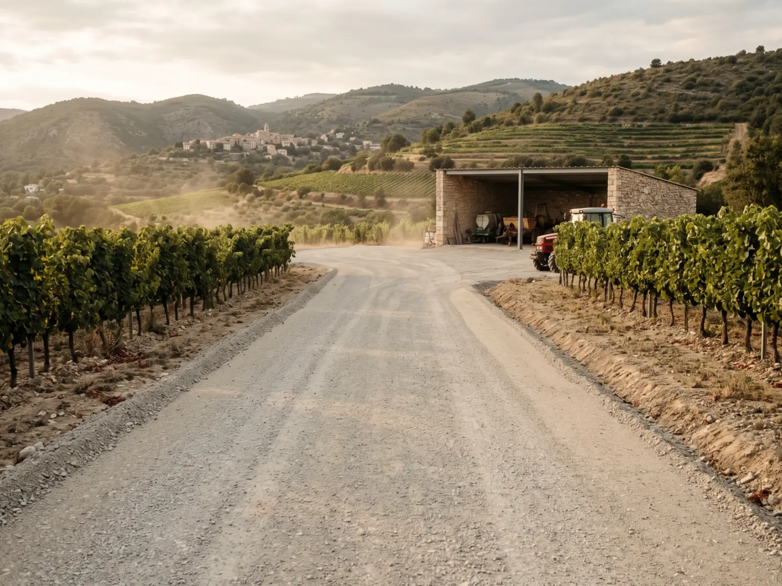 Le Broc — la piste d’exploitation empierrée traversant les vignes du domaine