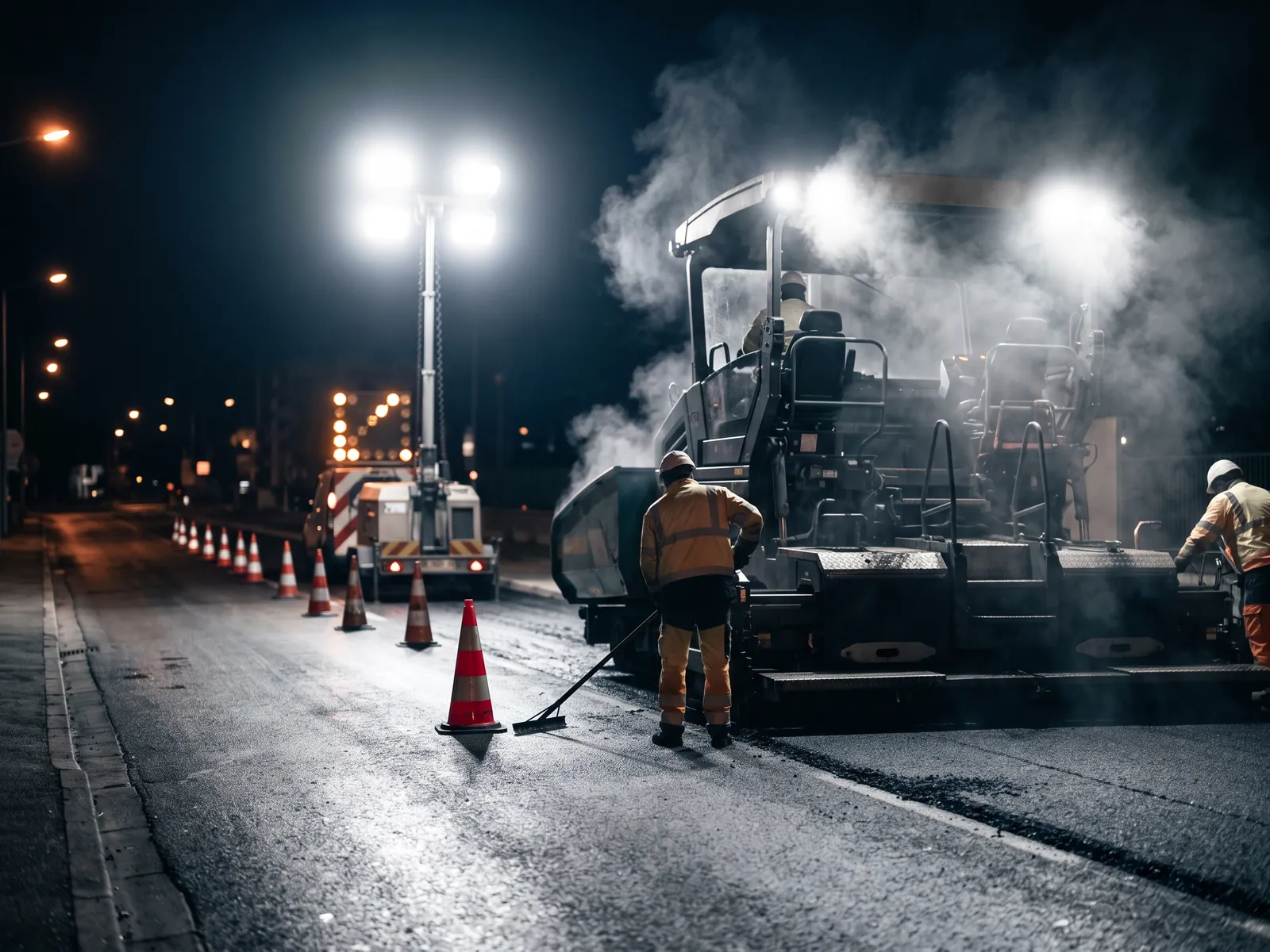 Nice — reprise de voirie de nuit à Saint-Isidore, finisseur sous projecteurs